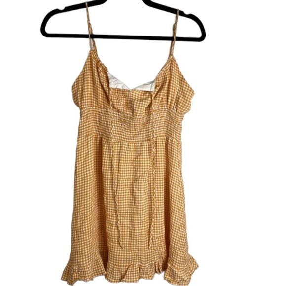 Urban Outfitters Dress Forum Orange White Gingham Smocked Mini Dress - M - Picture 2 of 11